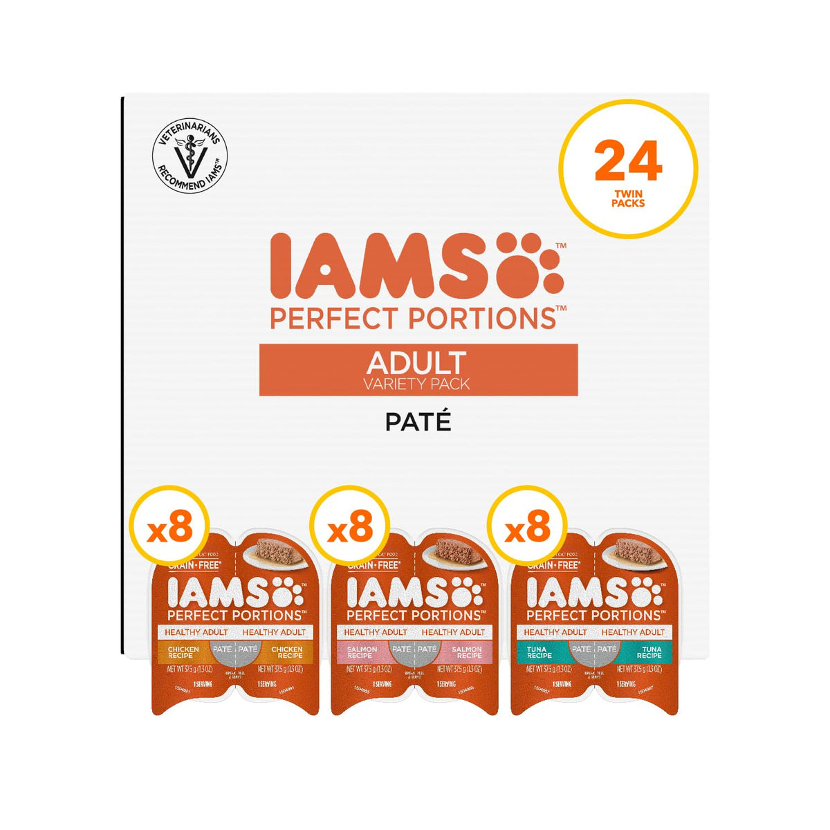 IAMS Perfect Portions indoor cat pate tray with two fresh meals ready to serve.