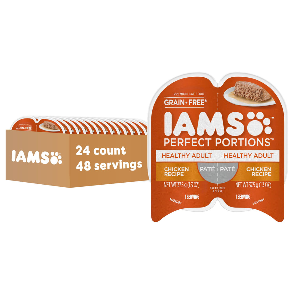 IAMS Perfect Portions packaging for chicken pate showing convenient portion control.