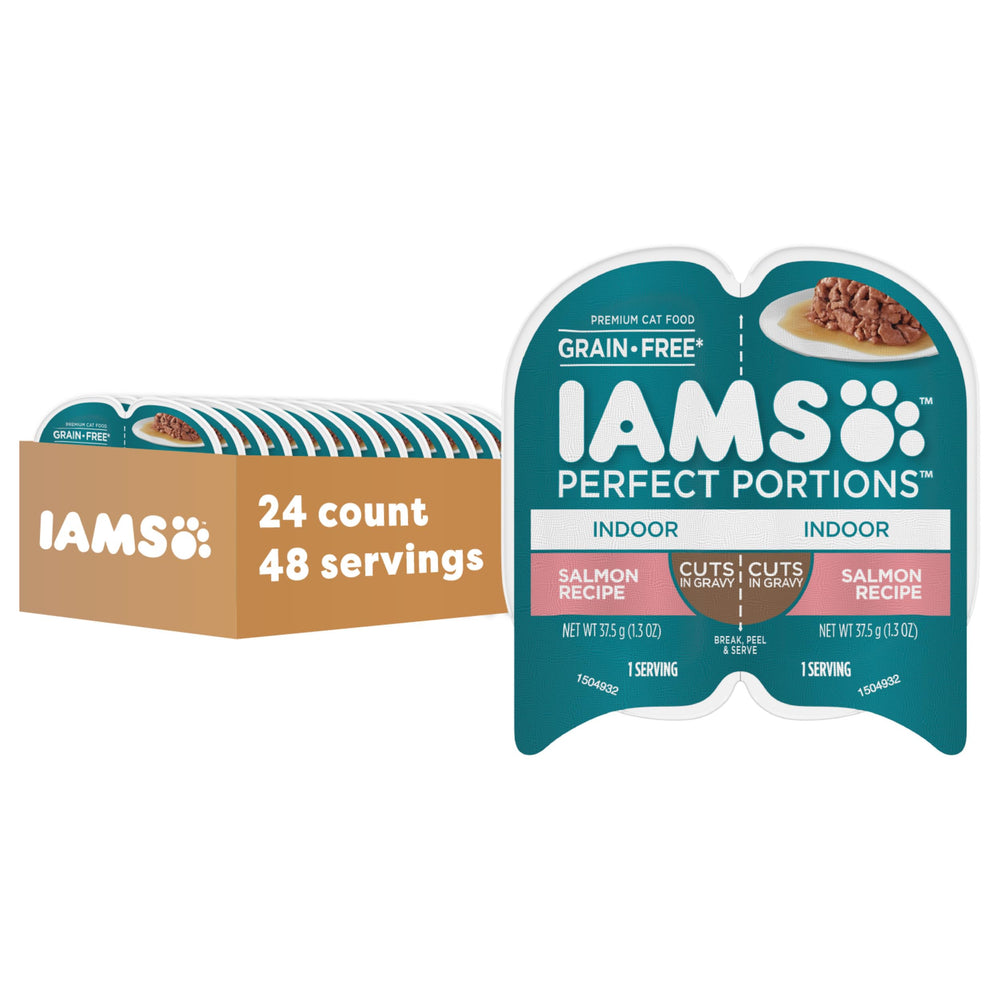 IAMS Perfect Portions salmon cuts in gravy tray open, convenient dual portions for indoor cats.