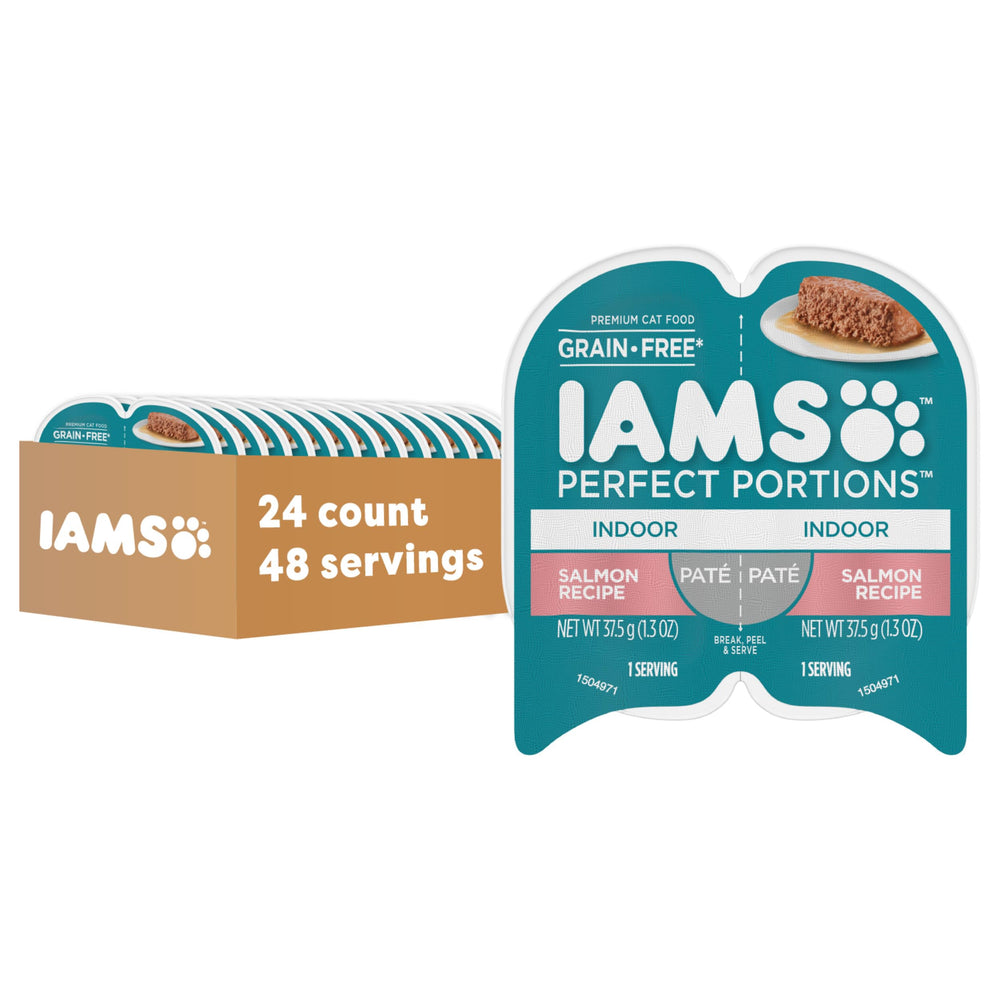 IAMS Perfect Portions Salmon Pate tray open for a fresh indoor cat meal.