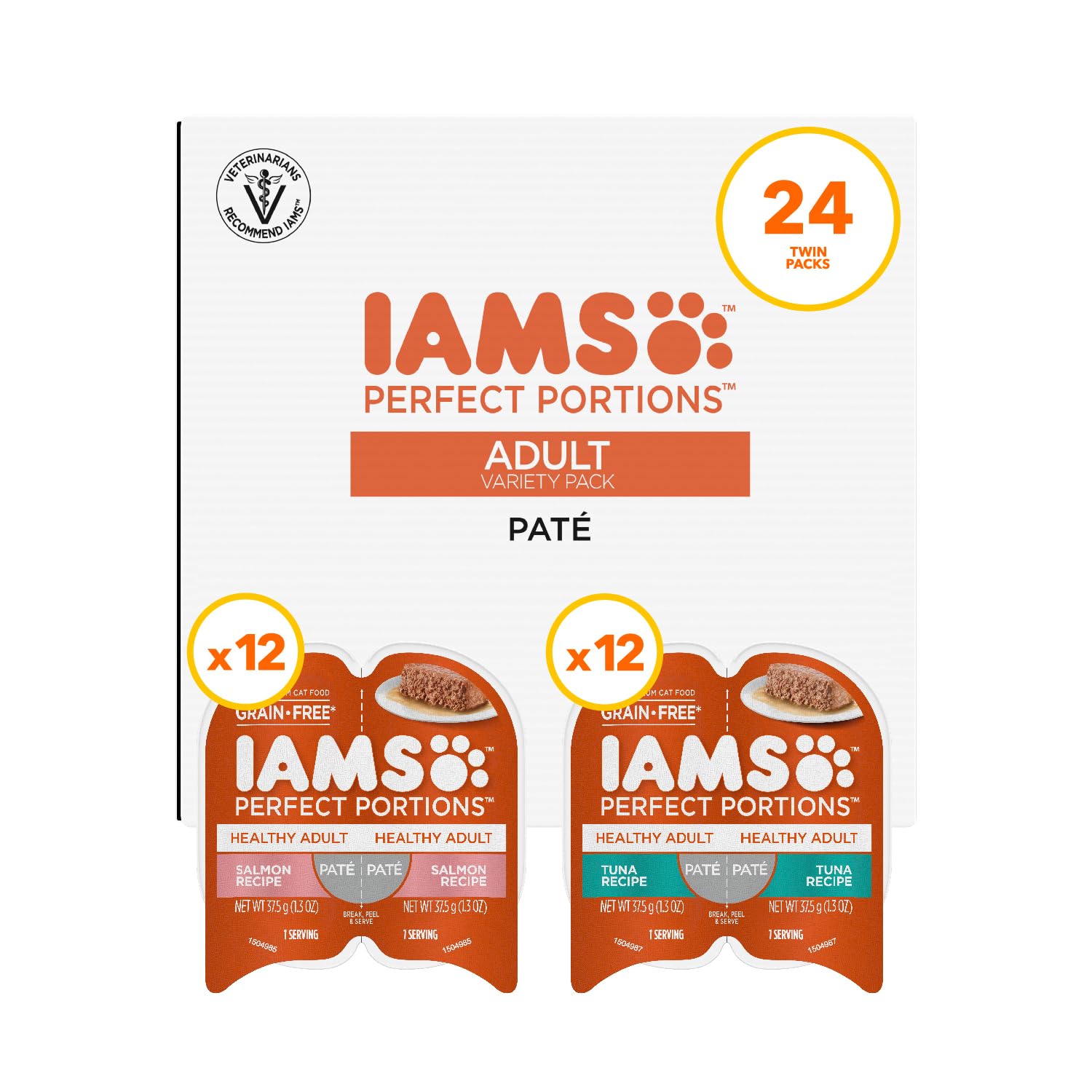 IAMS Perfect Portions salmon and tuna tray showing two meals for precise feeding.