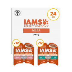 IAMS Perfect Portions salmon and tuna tray showing two meals for precise feeding.