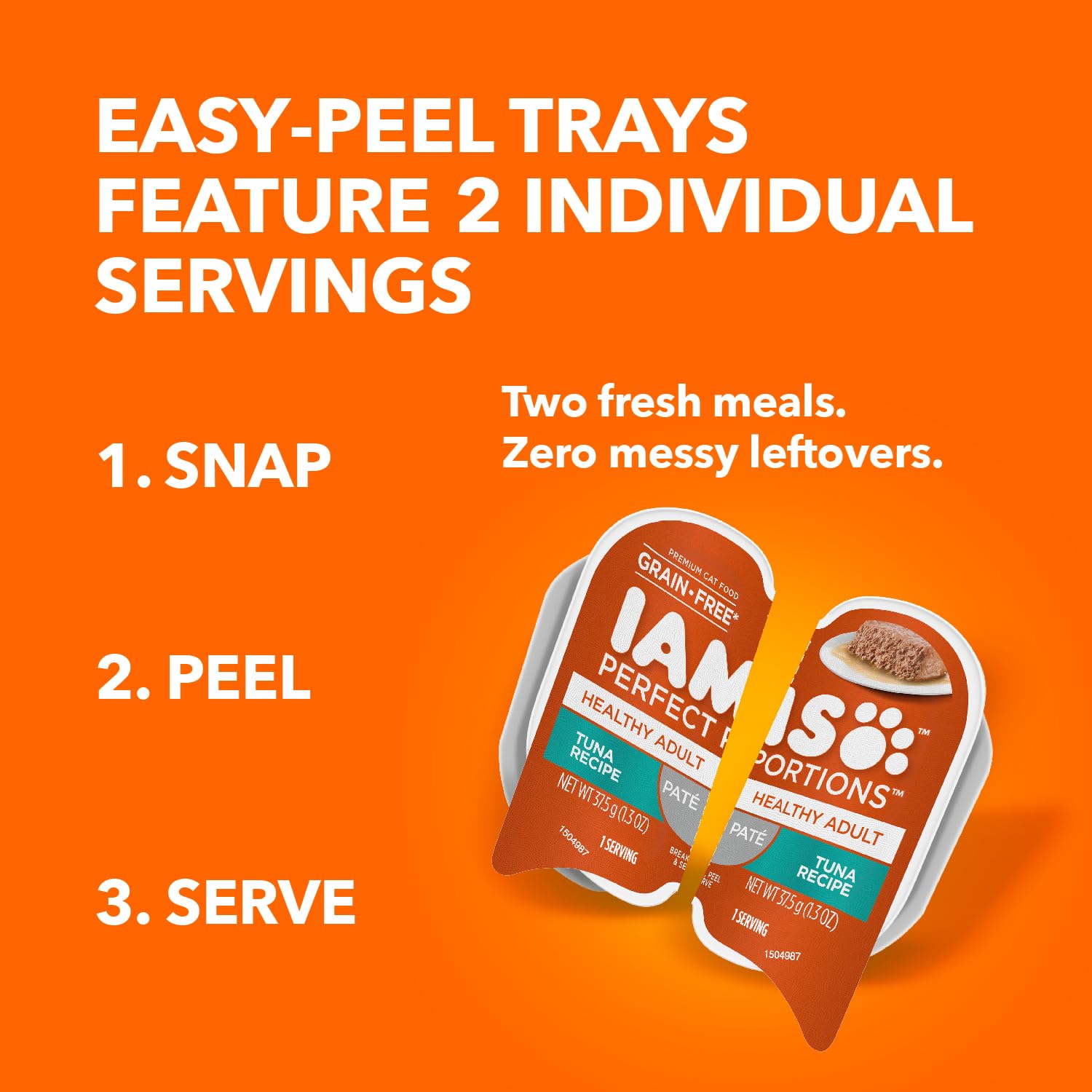 IAMS Perfect Portions tuna pate image highlights omega fatty acids for healthy skin and coat.
