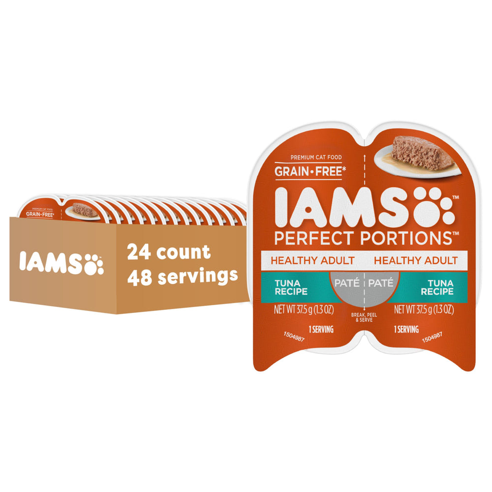 IAMS Perfect Portions tuna pate tray showing two meals for easy portion control.