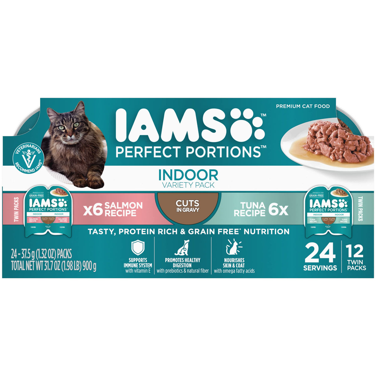 IAMS Perfect Portions tuna-salmon-tray with gravy enhancing palatability and hydration.