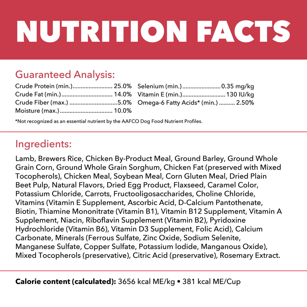 30 lb bag shows packaging and AAFCO-compliant nutrition label for adults.