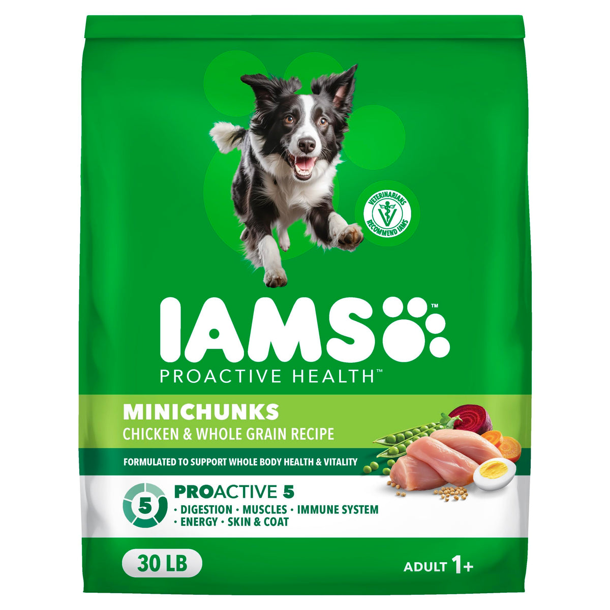 IAMS Proactive Health Minichunks in a bowl with real chicken for energy.