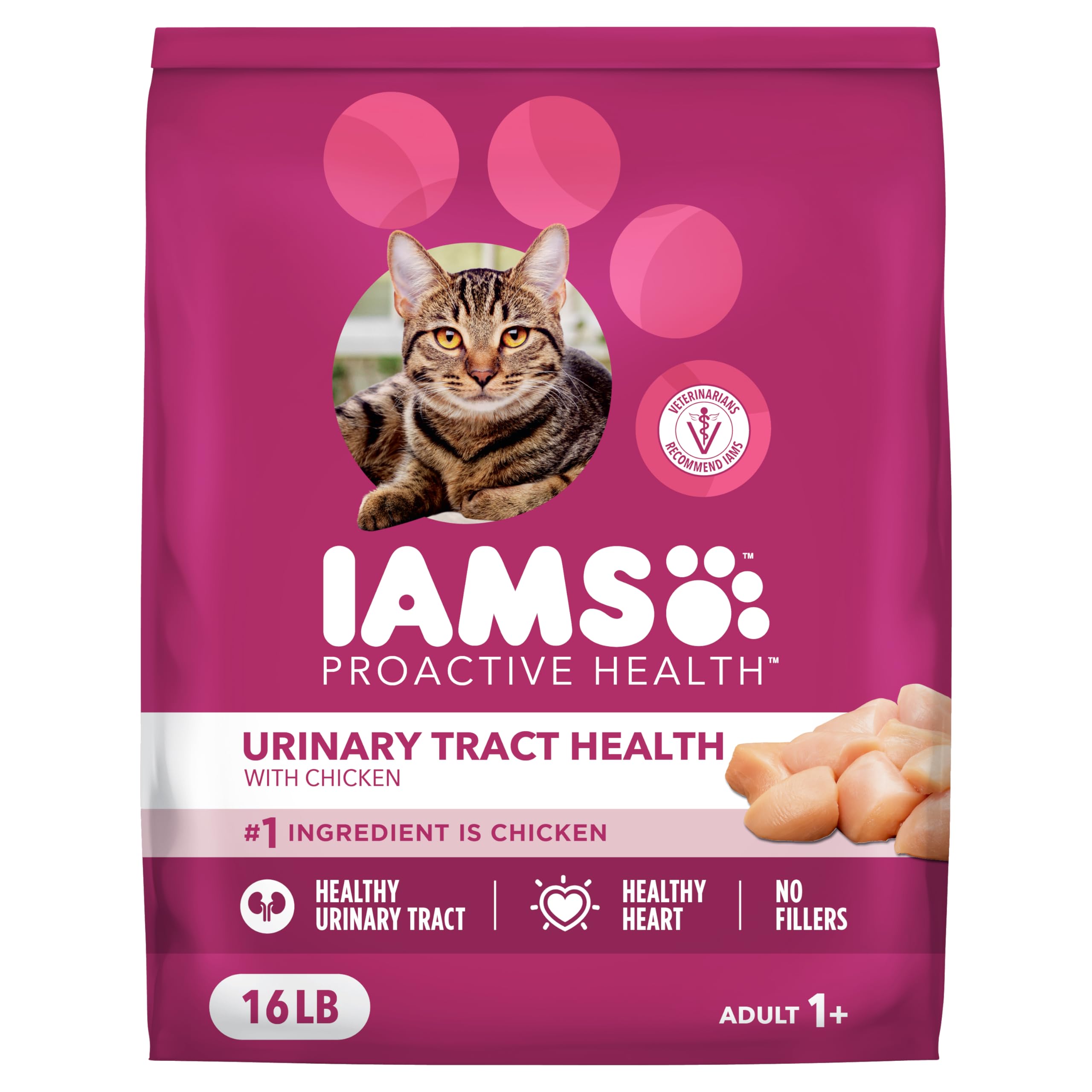 IAMS Proactive Health dry cat food bag showcasing complete adult nutrition for urinary care