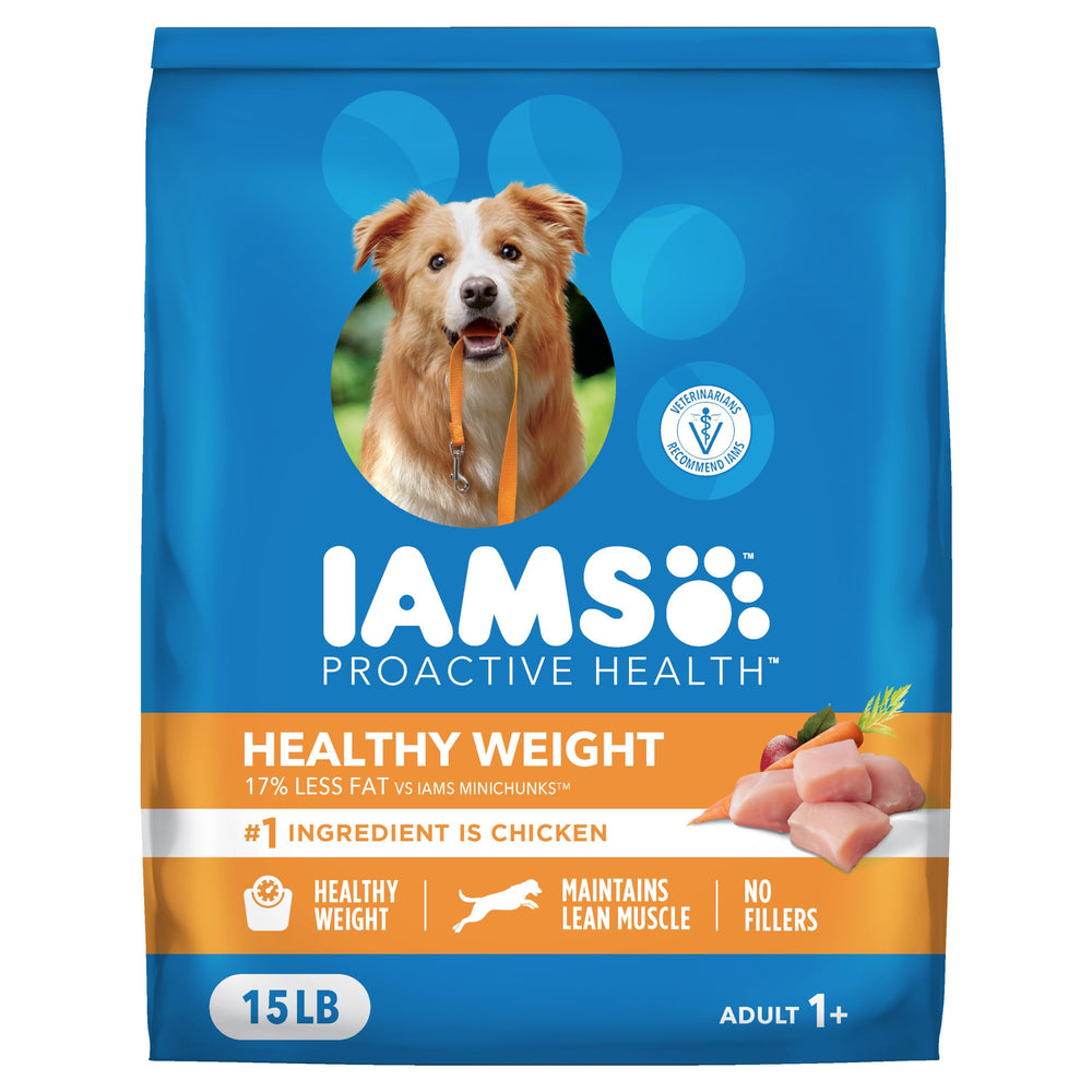 IAMS Proactive Health Healthy Weight Large Breed dry dog food in a bowl for steady energy.