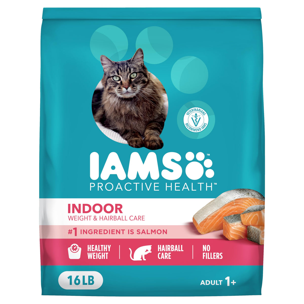 IAMS Proactive Health indoor cat kibble bag view supports indoor cat nutrition.