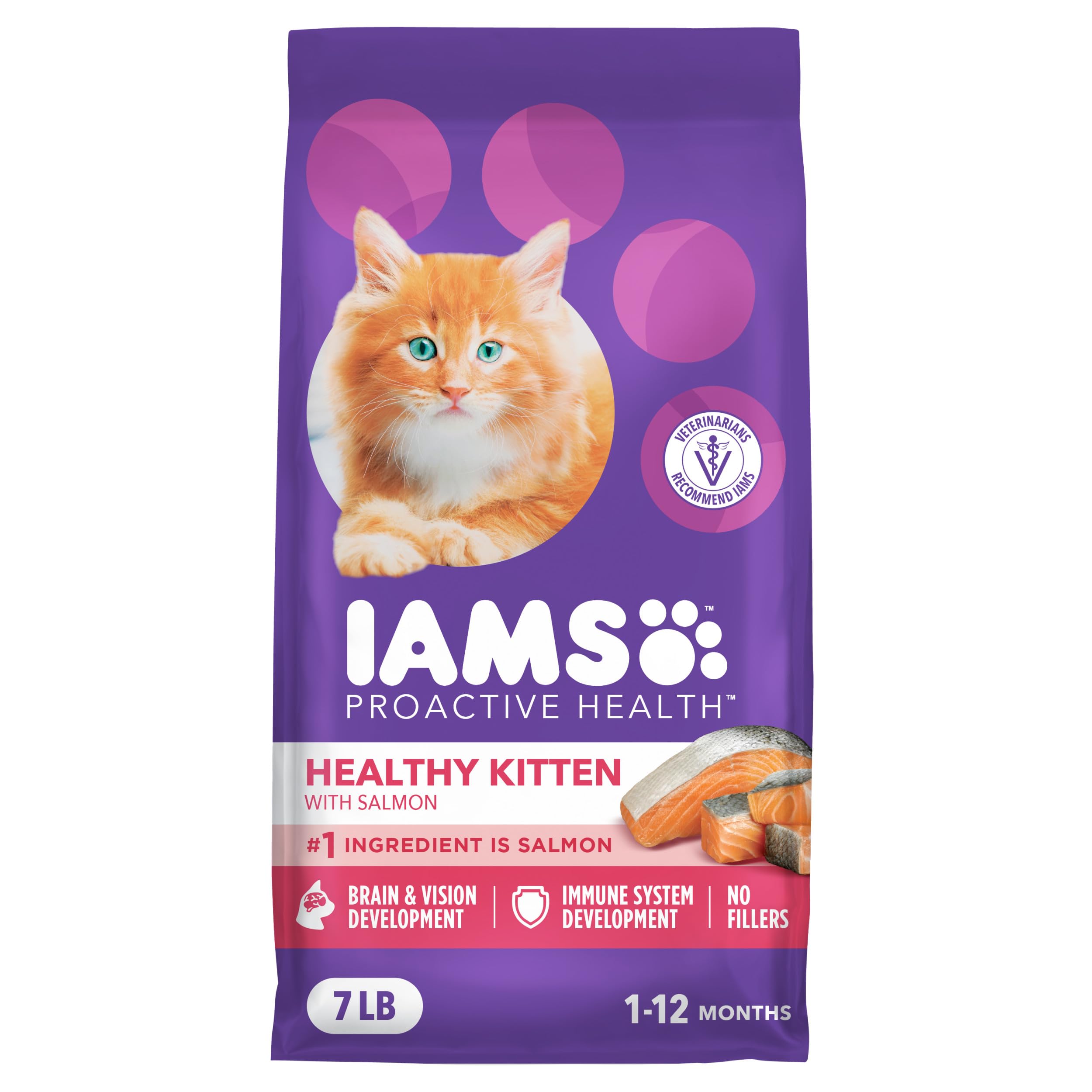 IAMS Proactive Health Kitten Salmon Bag shows salmon-first nutrition for growing kittens.