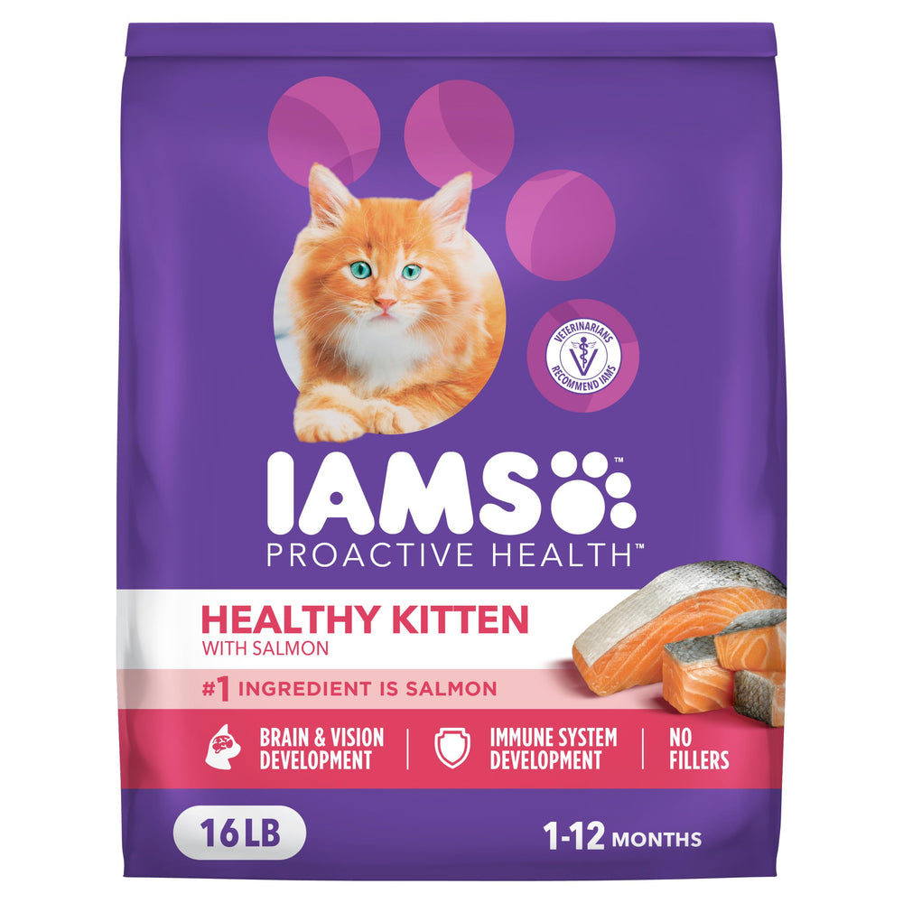 IAMS Proactive Health Kitten Salmon kibble close-up, highlighting salmon as first ingredient for growing kittens