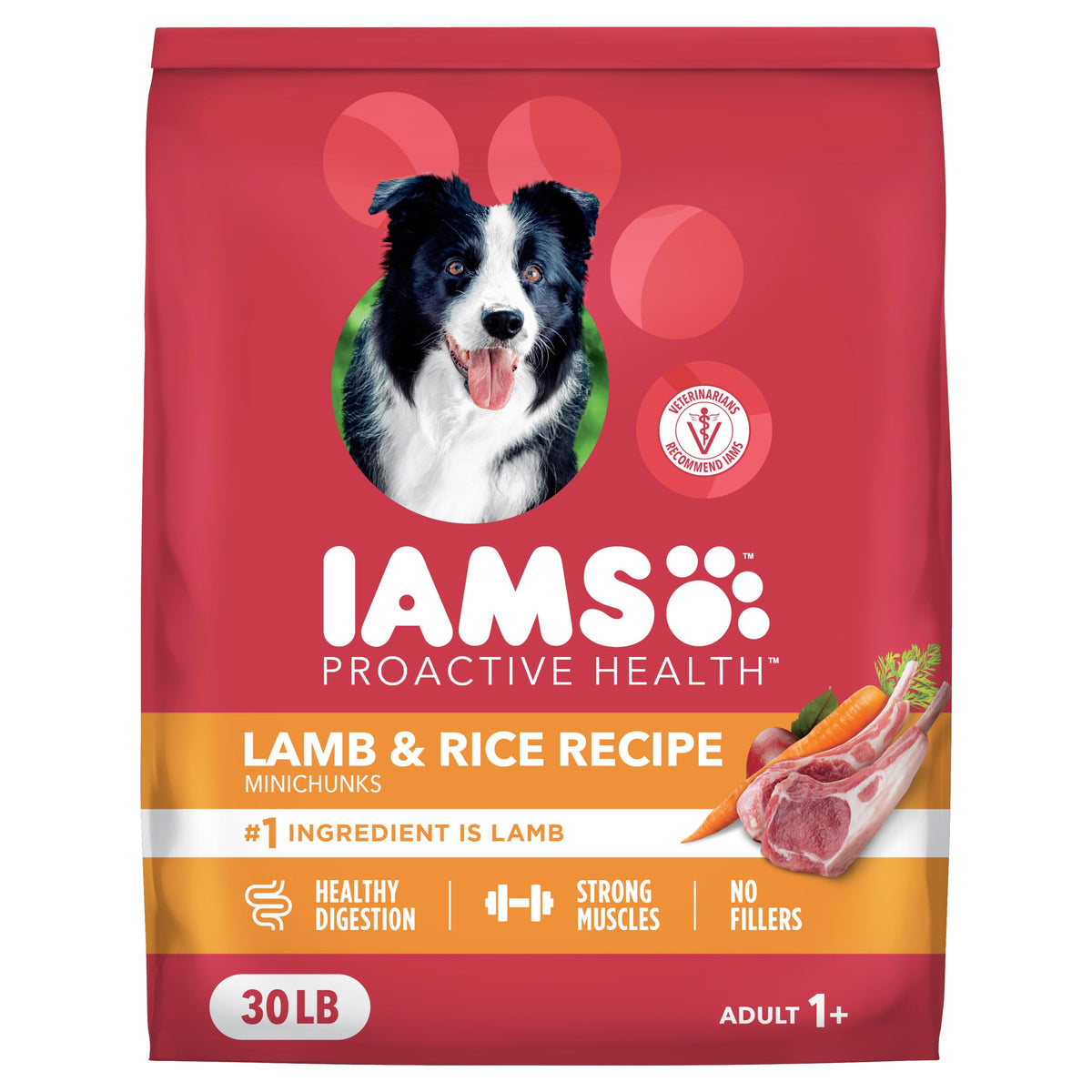 IAMS Proactive Health Lamb & Rice 30 lb bag supports balanced daily nutrition for adult dogs.