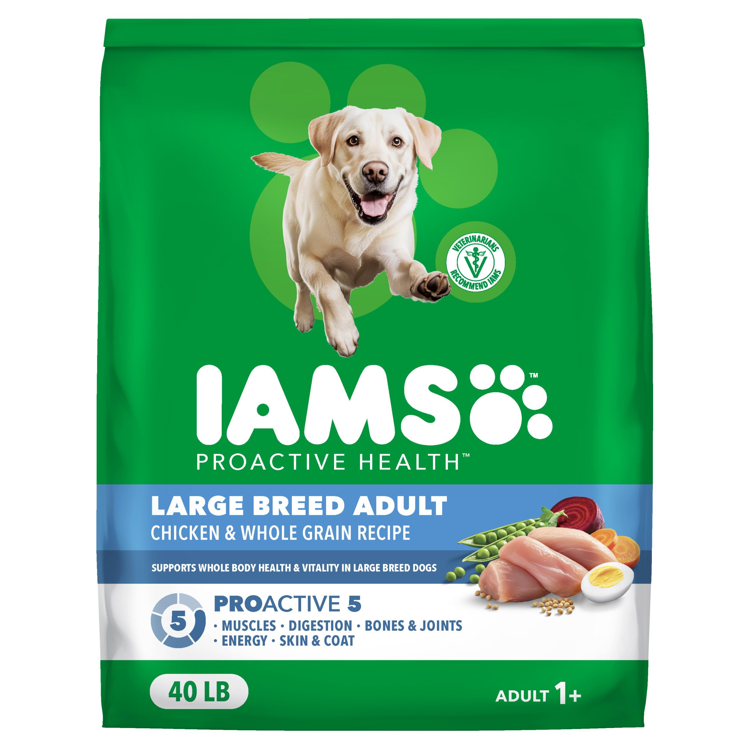 IAMS Proactive Health Large Breed bag shows real chicken as first ingredient for balanced nutrition