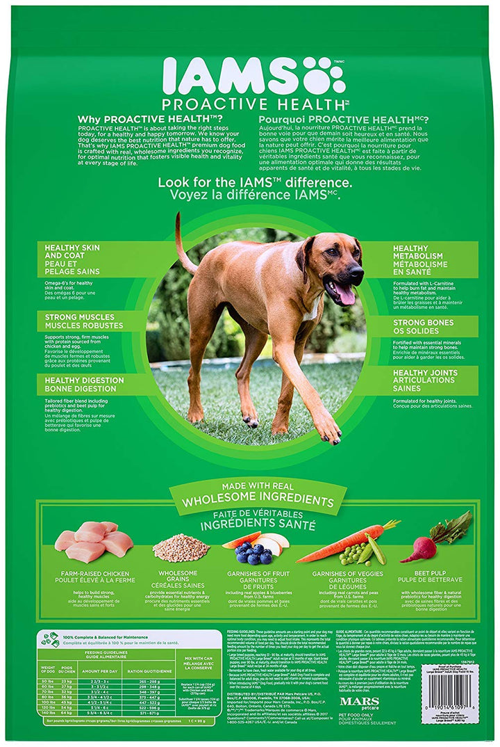 IAMS Proactive Health Large Breed chicken and rice kibble for balanced nutrition.