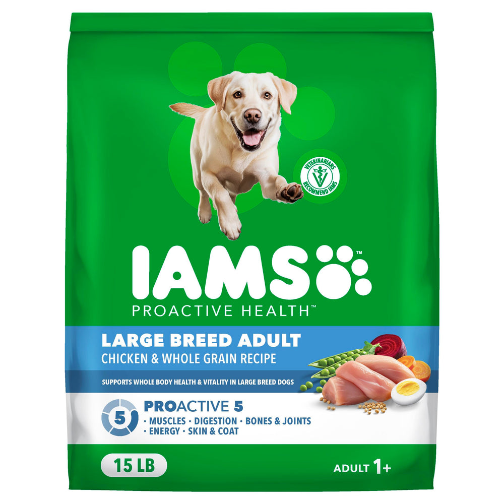 IAMS Proactive Health Large Breed dry food bag highlighting real chicken and weight management potential.