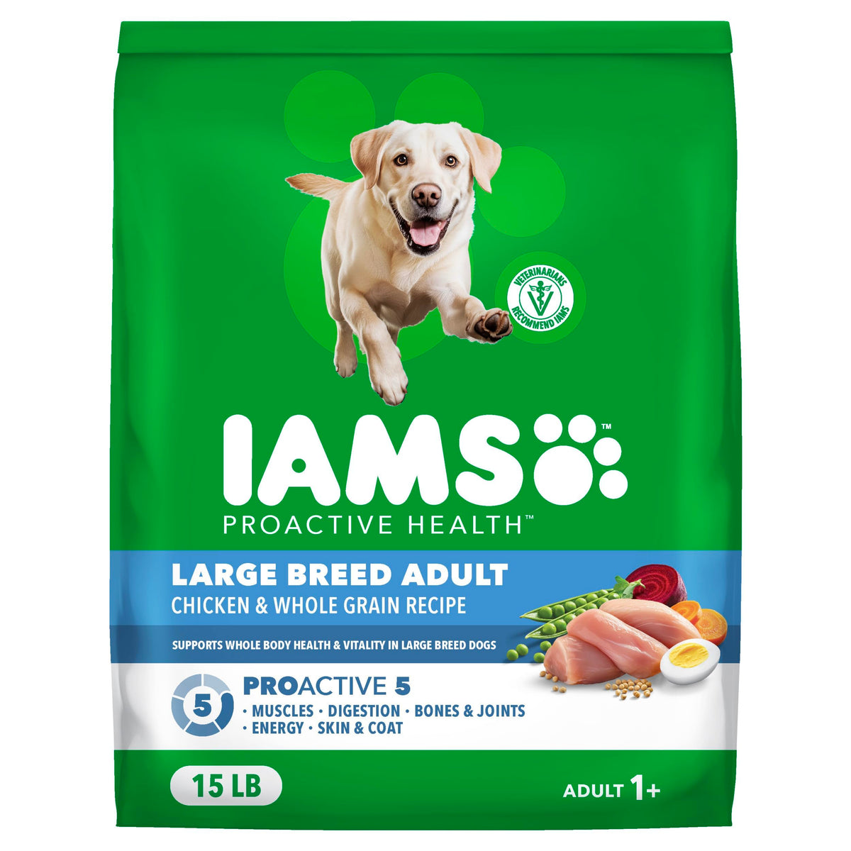 IAMS Proactive Health Large Breed dry food bag highlighting real chicken and weight management potential.