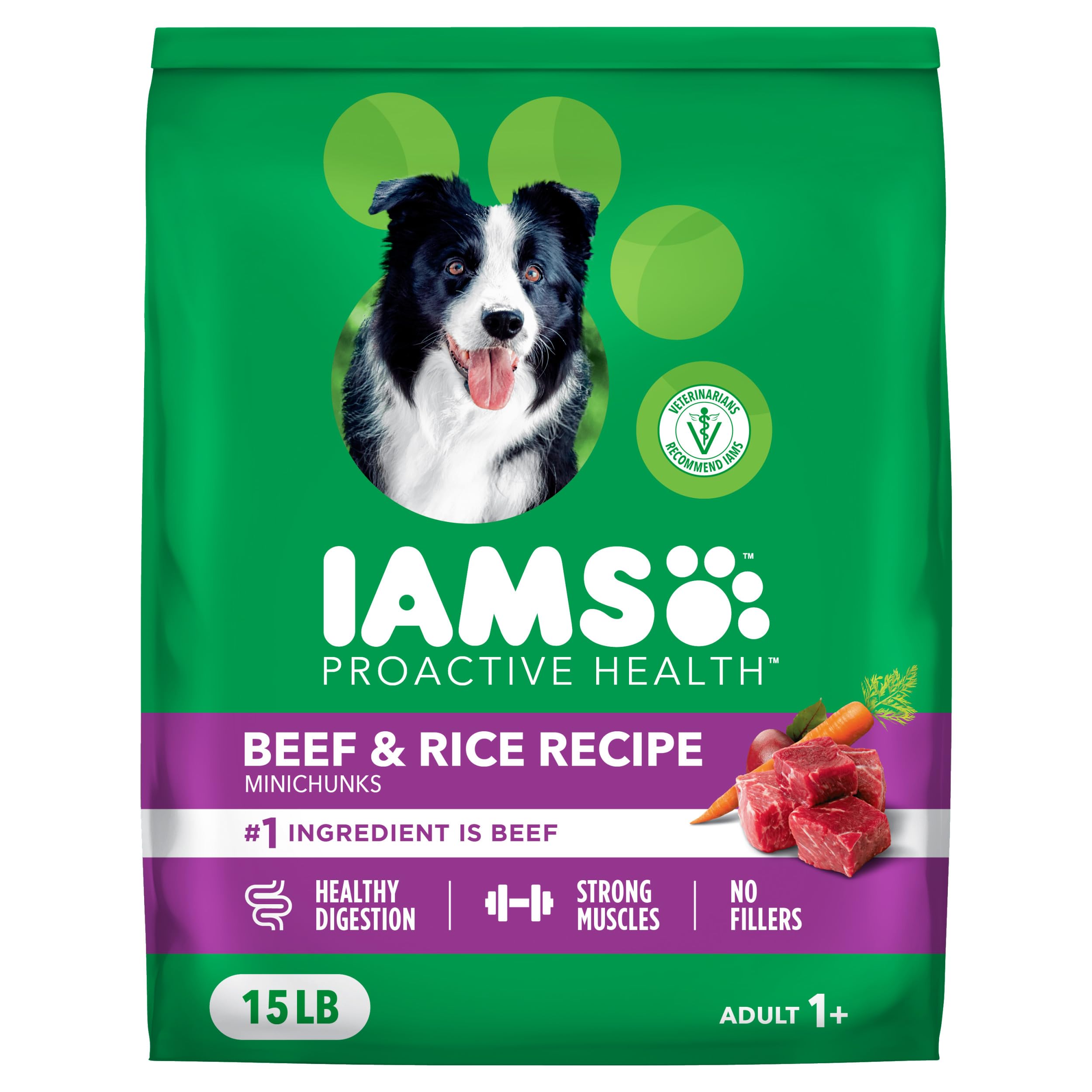 IAMS Proactive Health large-breed dry dog food bag highlighting real beef for balanced nutrition.