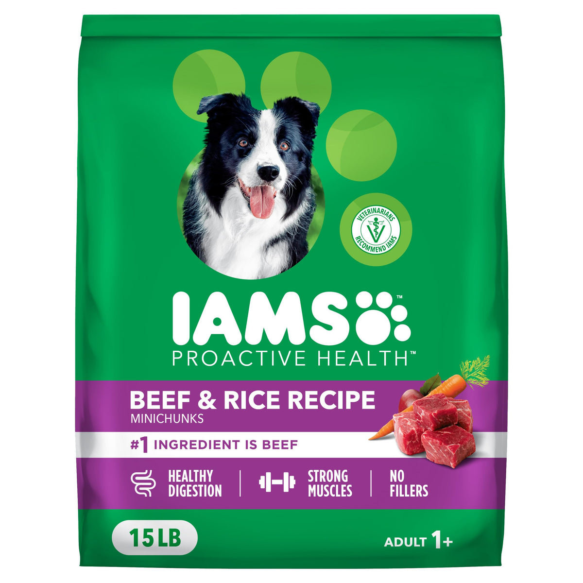 IAMS Proactive Health large-breed dry dog food bag highlighting real beef for balanced nutrition.
