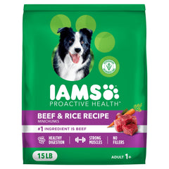 IAMS Proactive Health large-breed dry dog food bag highlighting real beef for balanced nutrition.
