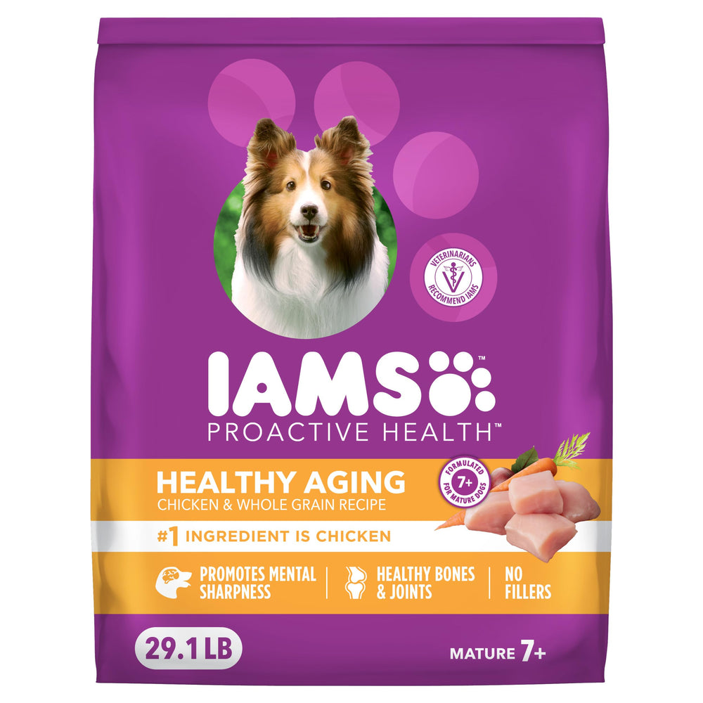 IAMS Proactive Health large-breed mature dry dog food bag supports aging dogs with balanced nutrition.