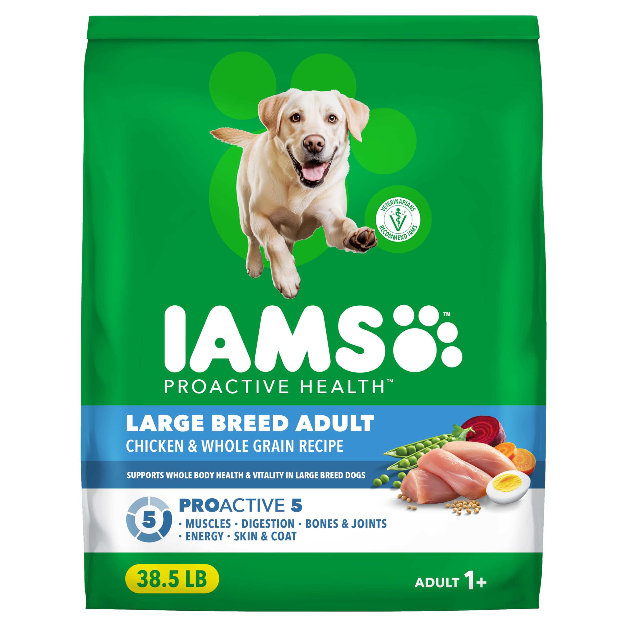 IAMS Proactive Health Large Breed Real Chicken bag highlighting premium protein for adult dogs.