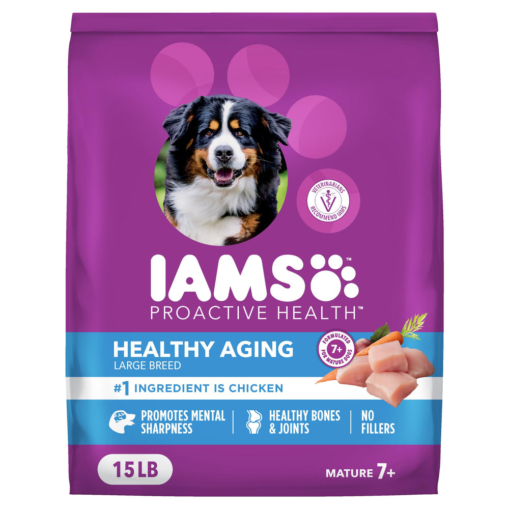 IAMS Proactive Health large-breed senior kibble close-up shows real chicken as the #1 ingredient.