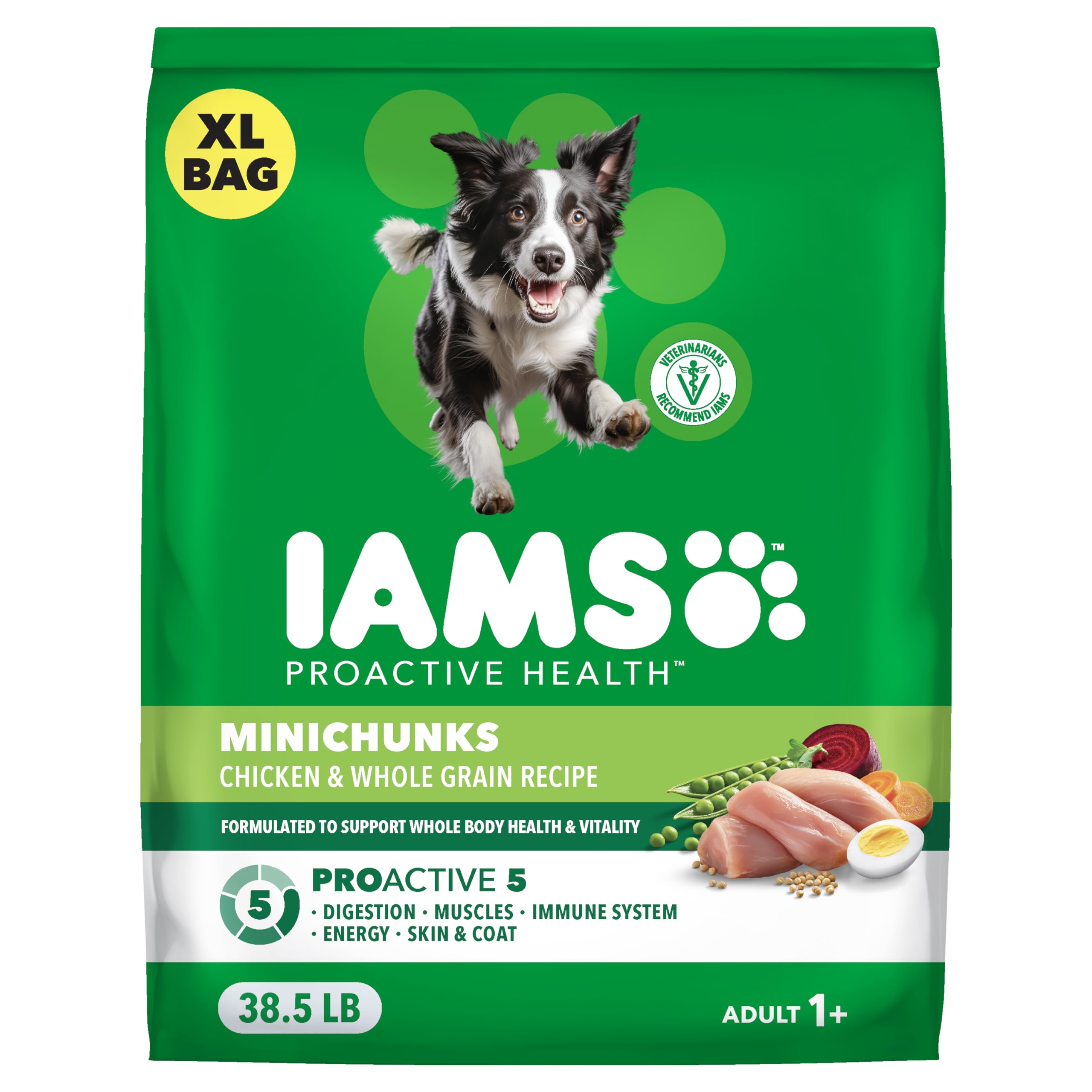 IAMS Proactive Health Minichunks chicken bag: real chicken first ingredient supports balanced nutrition.