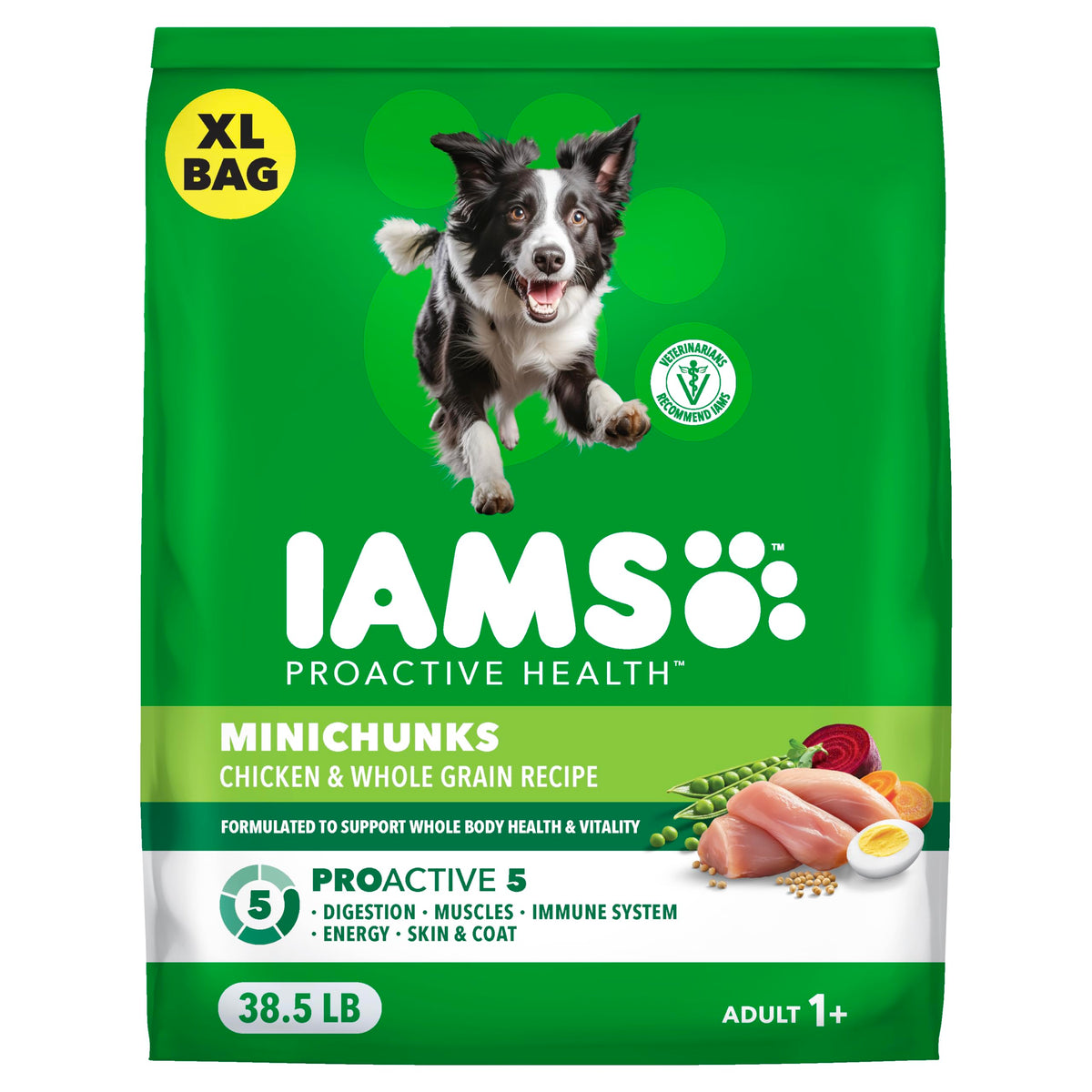 IAMS Proactive Health Minichunks chicken bag: real chicken first ingredient supports balanced nutrition.