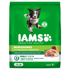 IAMS Proactive Health Minichunks bag label with real chicken as first ingredient.