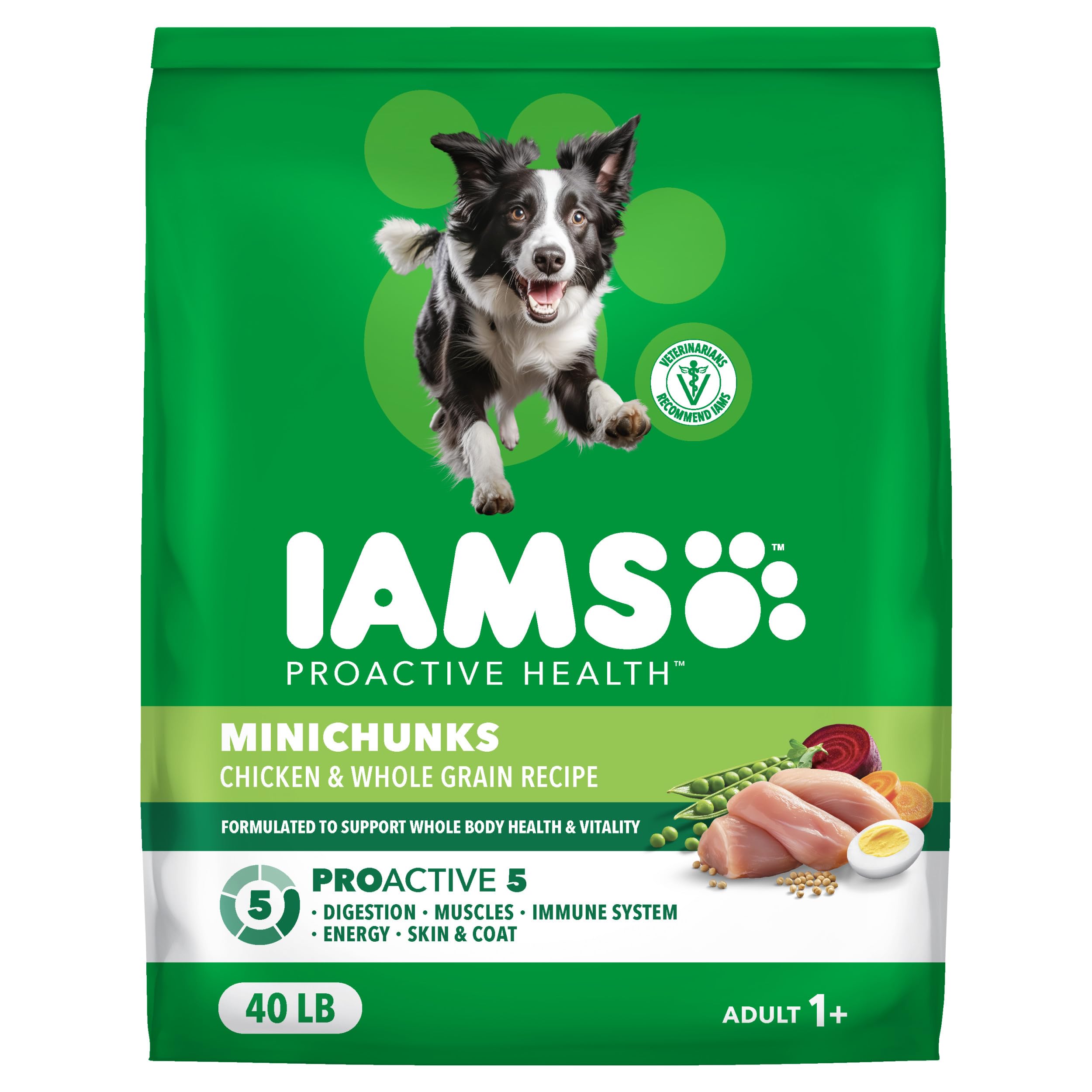 IAMS Proactive Health Minichunks bag showing balanced adult dog nutrition