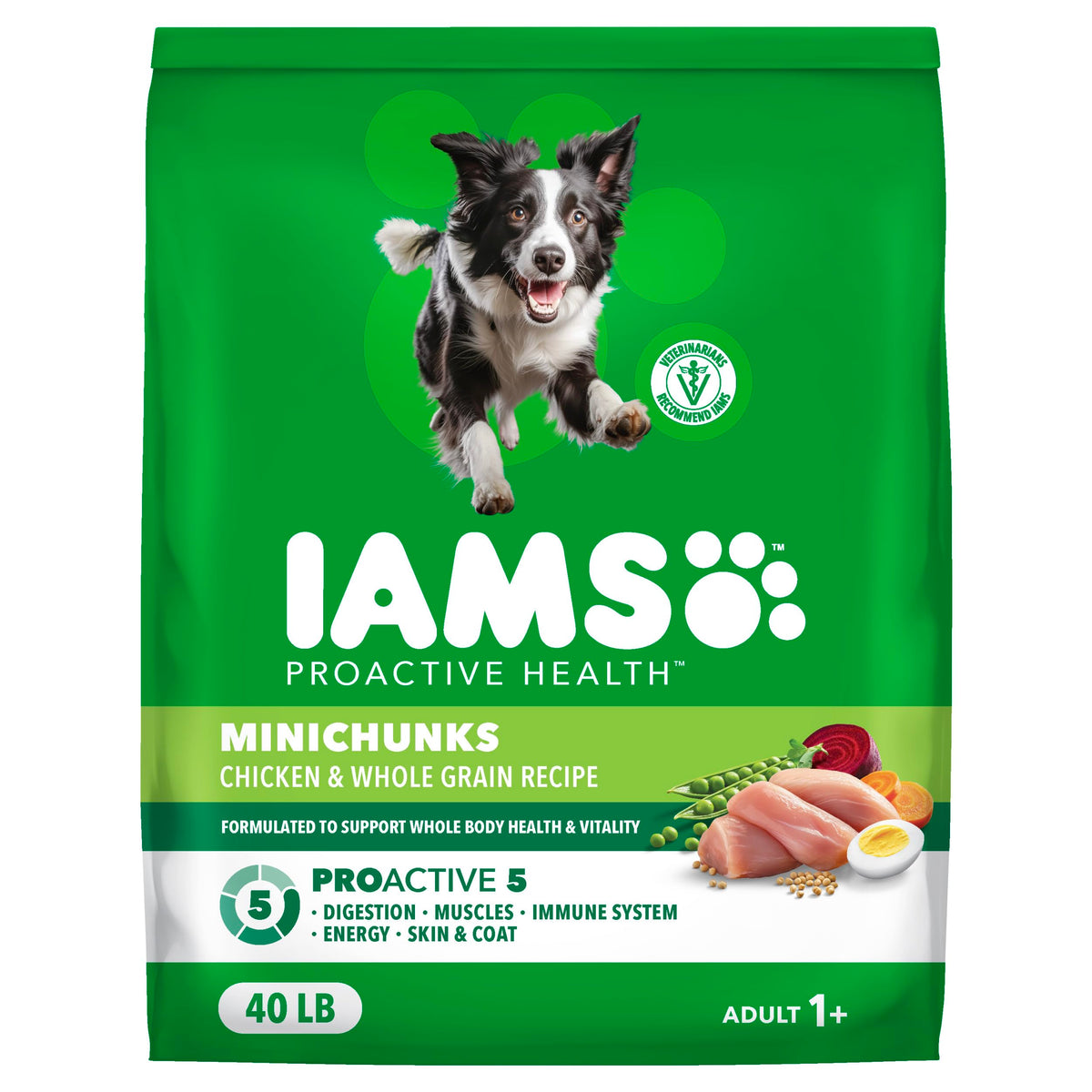 IAMS Proactive Health Minichunks bag showing balanced adult dog nutrition