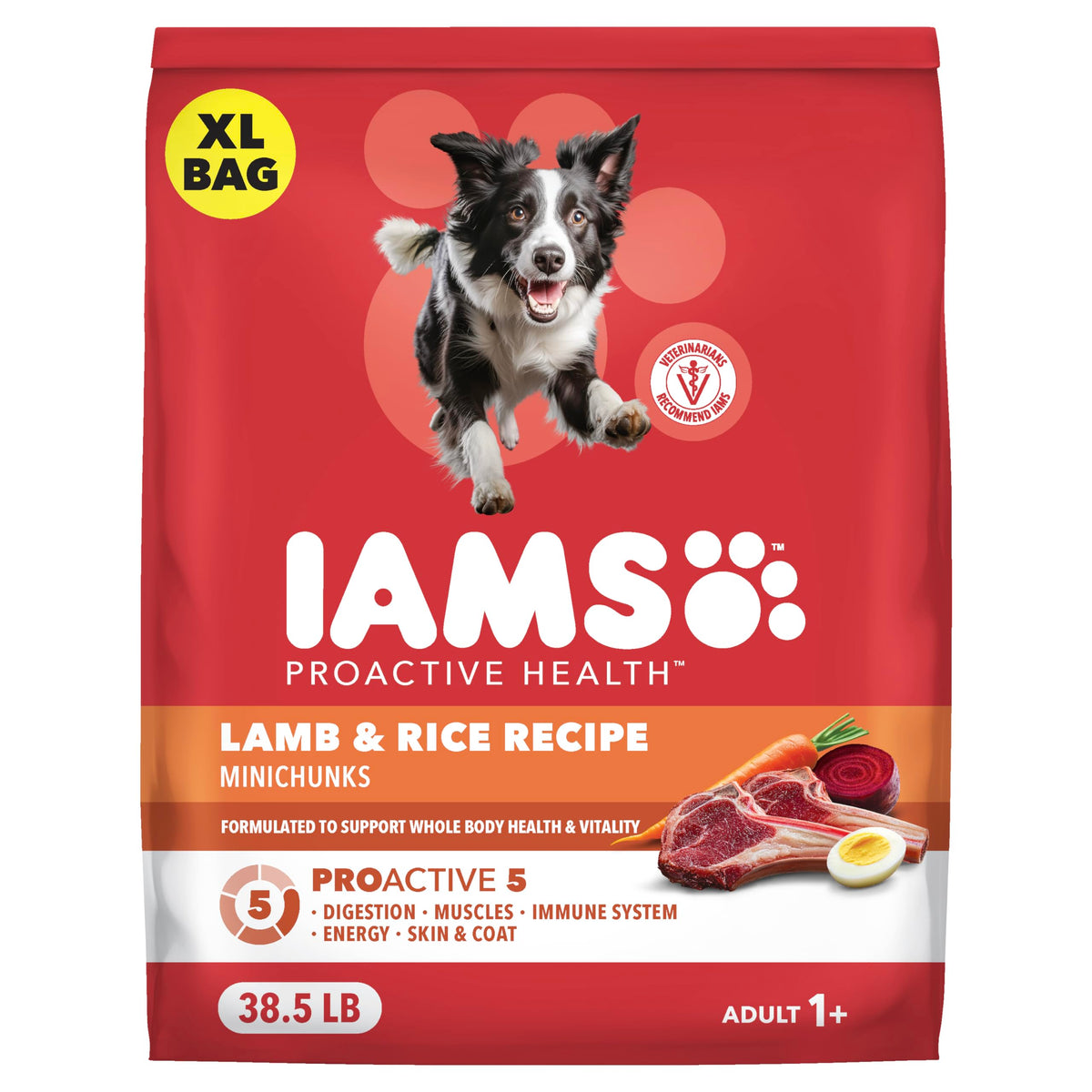 IAMS Proactive Health Minichunks Lamb & Rice bag showing wholesome kibble for balanced daily nutrition