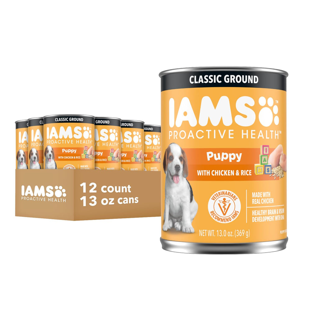 IAMS Proactive Health Puppy Wet Food can with chicken and rice supports growing puppies.