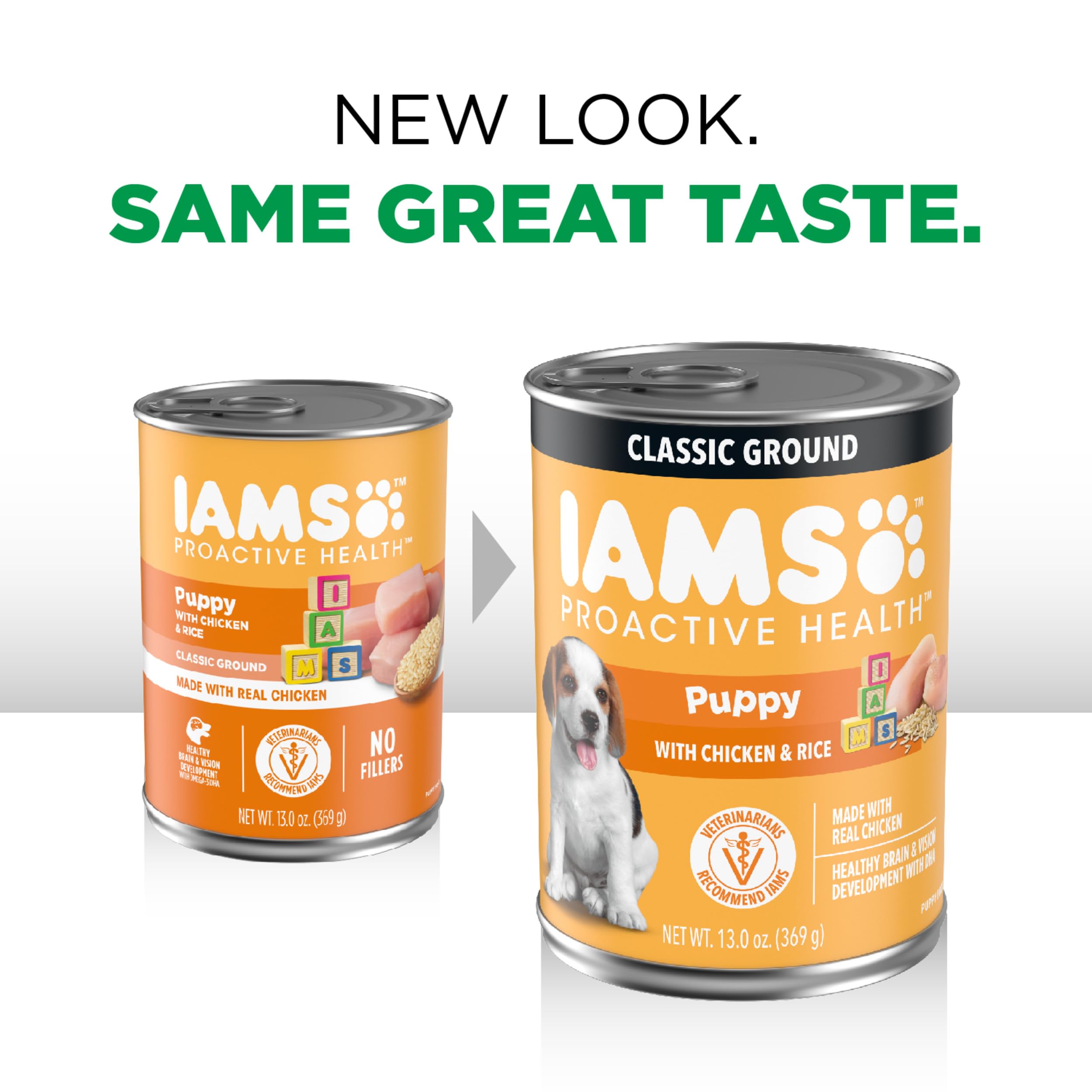 IAMS Proactive Health Puppy Wet Food real chicken close-up shows quality protein for muscles.