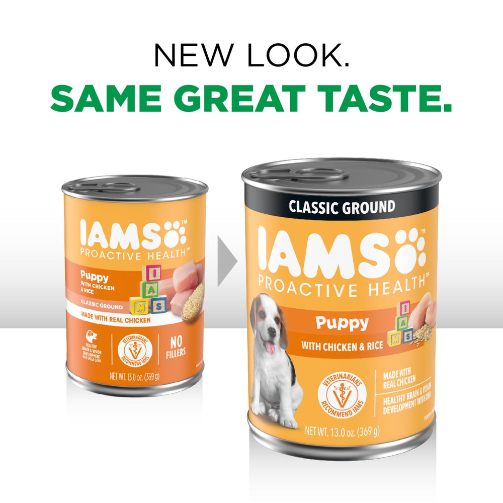 IAMS Proactive Health Puppy Wet Food real chicken close-up shows quality protein for muscles.