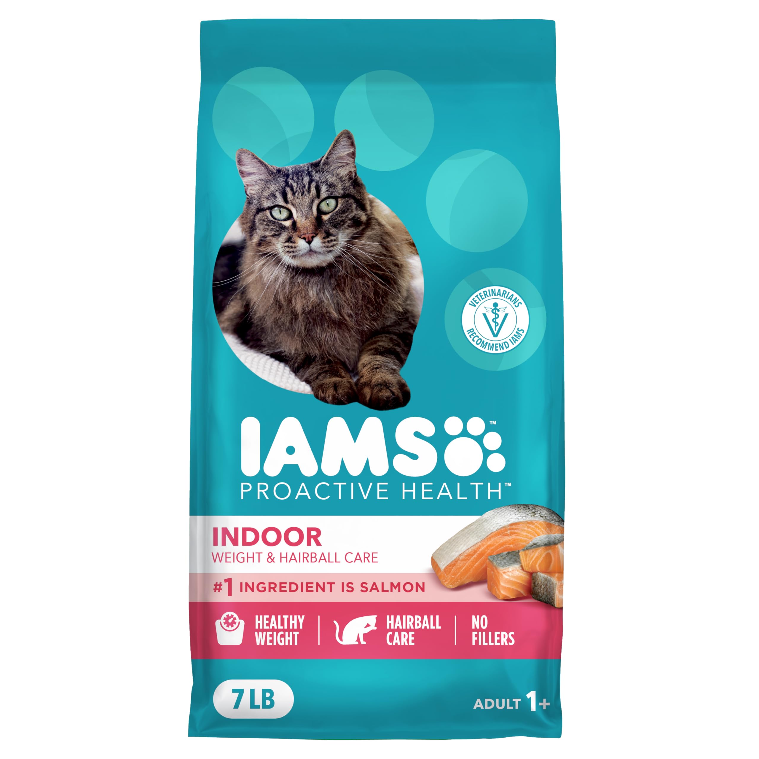 IAMS Proactive Health salmon kibble for indoor cats supports lean muscles and activity.