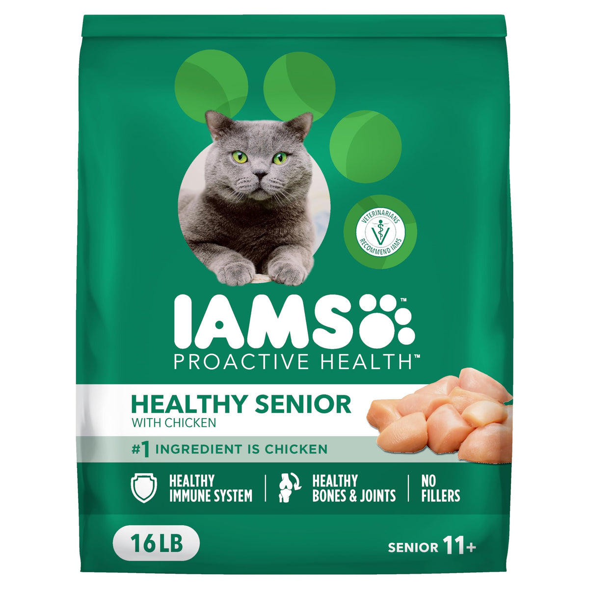 IAMS Proactive Health Senior dry cat food bag front showing real chicken recipe