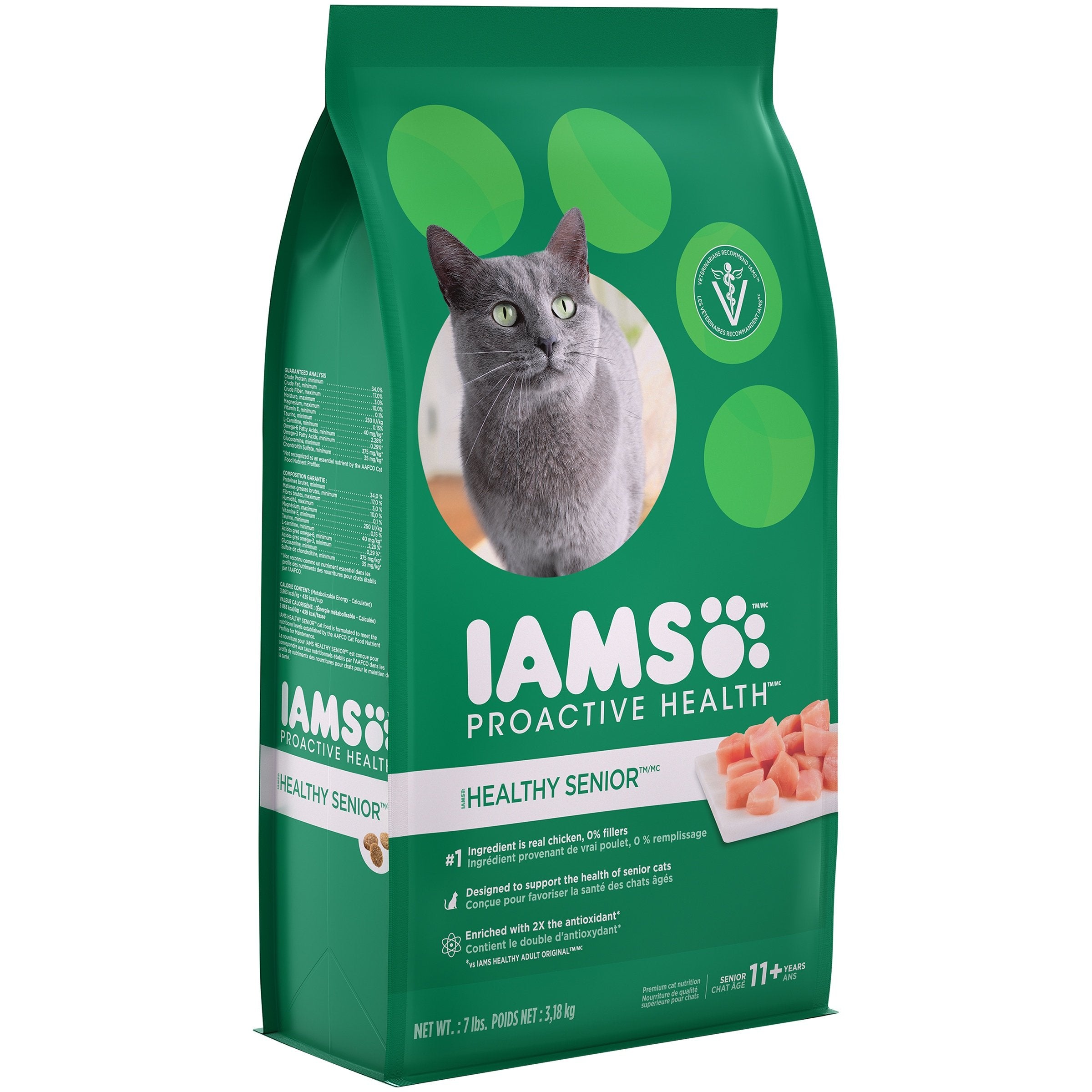 IAMS Proactive Health Senior Dry Cat Food bag with real chicken in every bite.