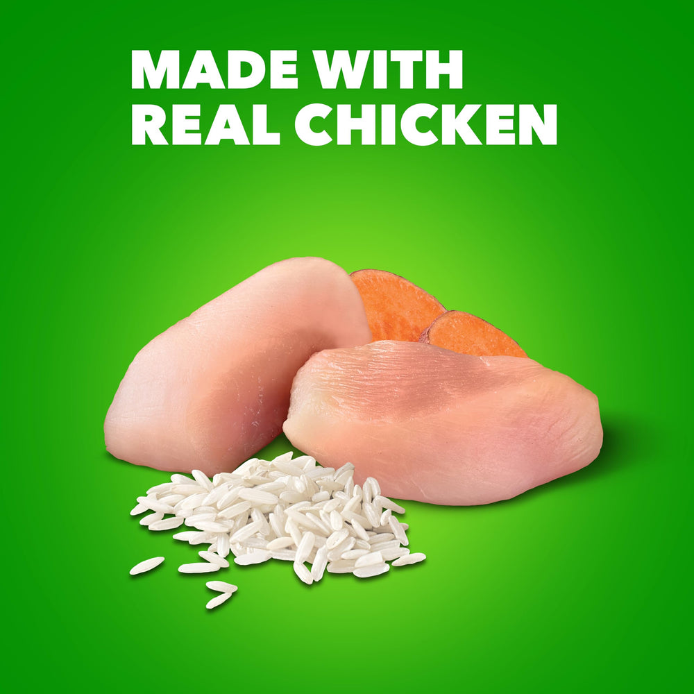 IAMS Proactive Health senior wet dog food chicken and rice ingredients highlight quality protein.