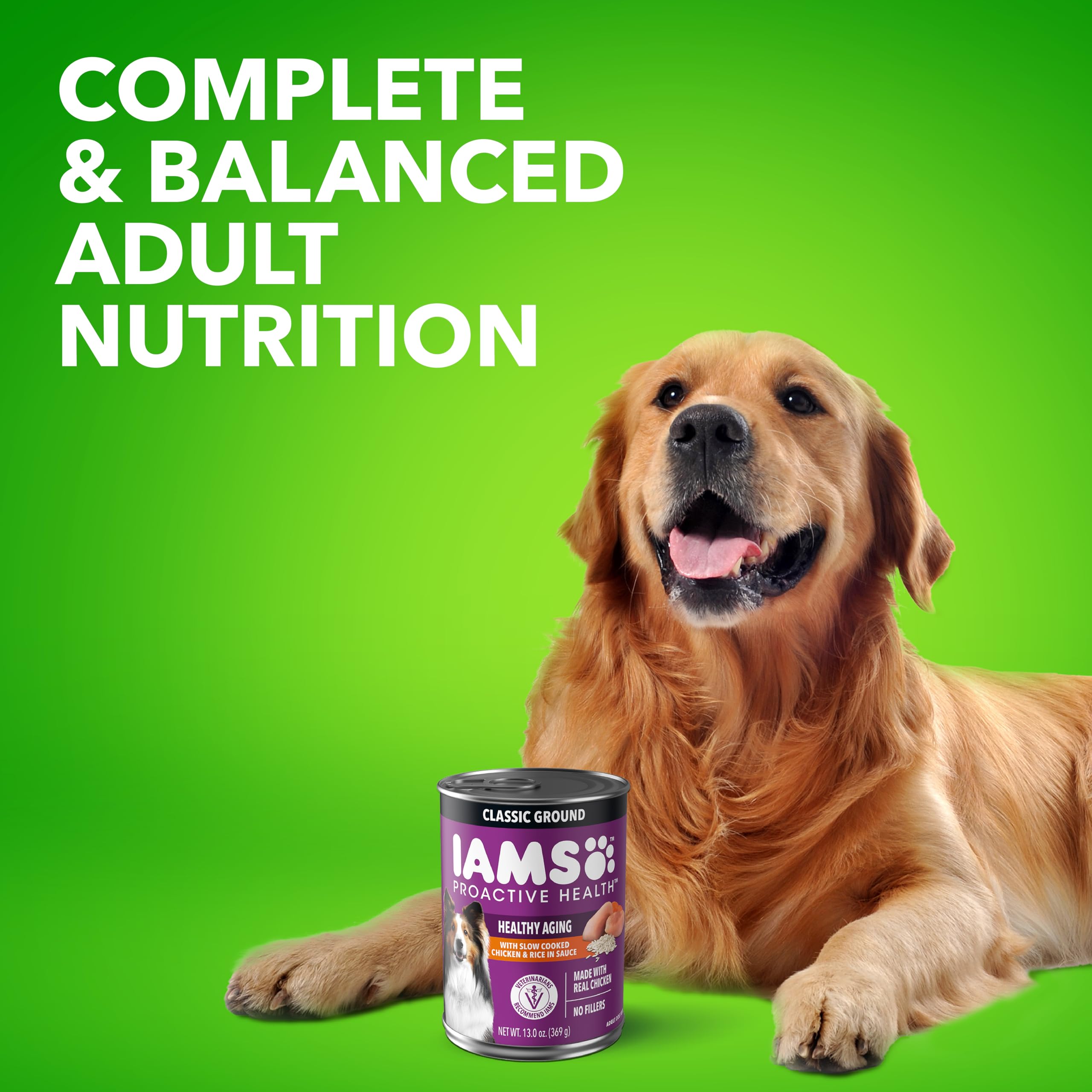 IAMS Proactive Health senior wet dog food DHA Gold supports mental and visual sharpness.