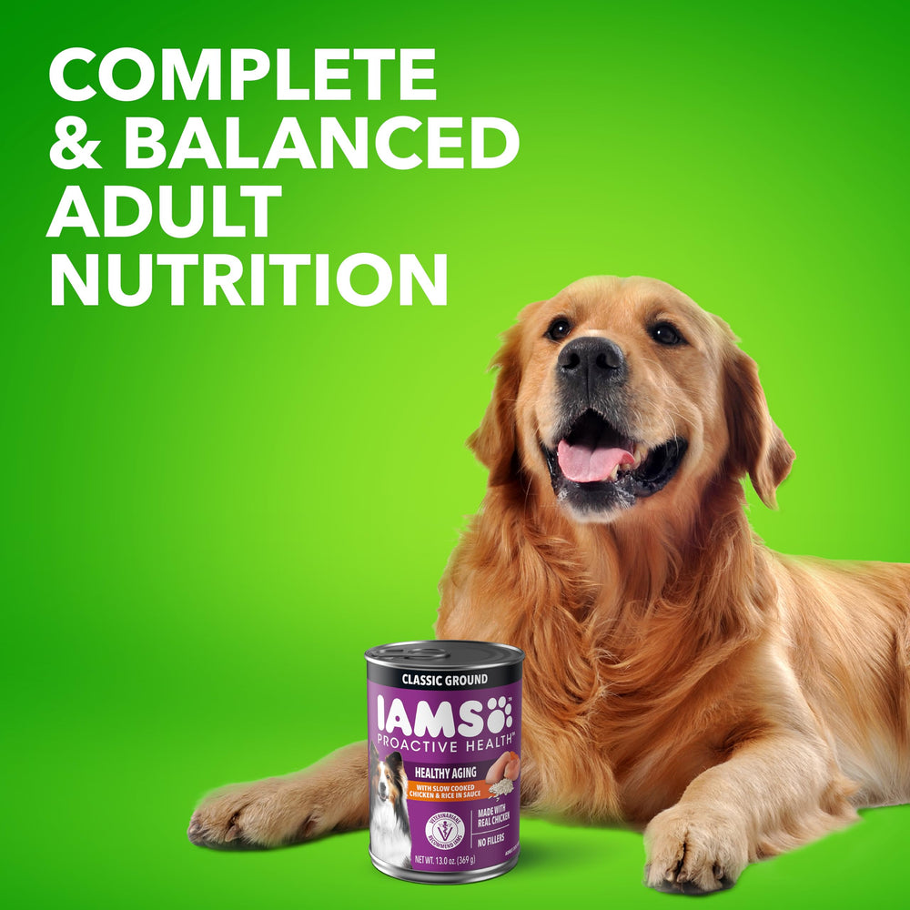 IAMS Proactive Health senior wet dog food DHA Gold supports mental and visual sharpness.