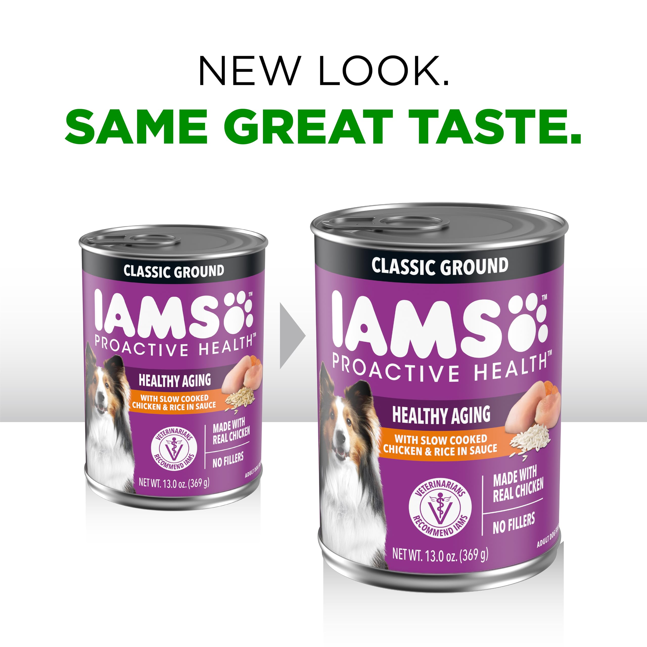 IAMS Proactive Health senior wet dog food serving bowl shows a balanced meal for aging dogs.