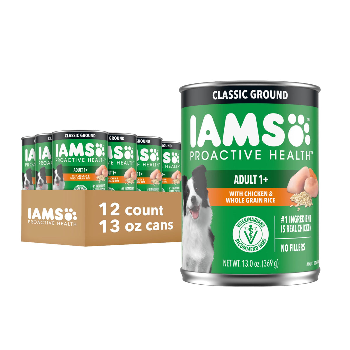 IAMS Proactive Health beef chunks in gravy can for daily dog meals.