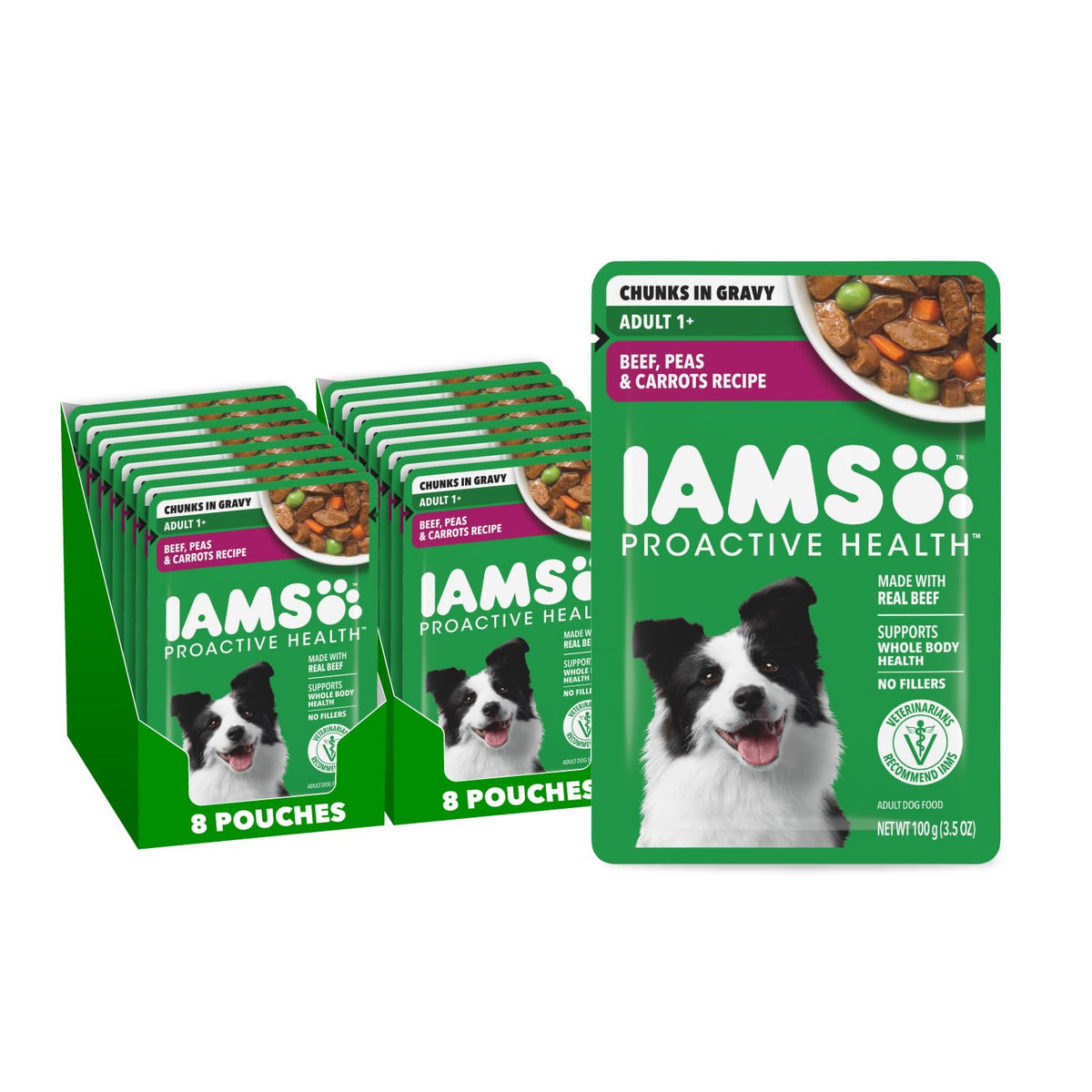 IAMS Proactive Health wet dog food beef peas carrots pouch closeup showing real beef flavor