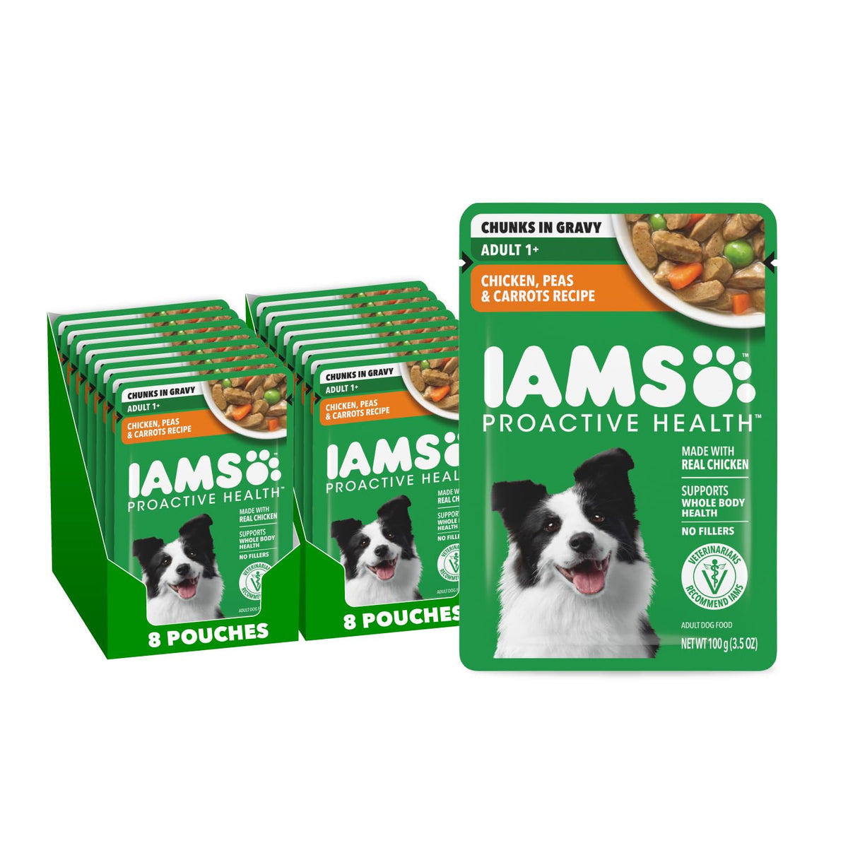 IAMS Proactive Health wet dog food pack shot with real chicken and vegetables for adult dogs