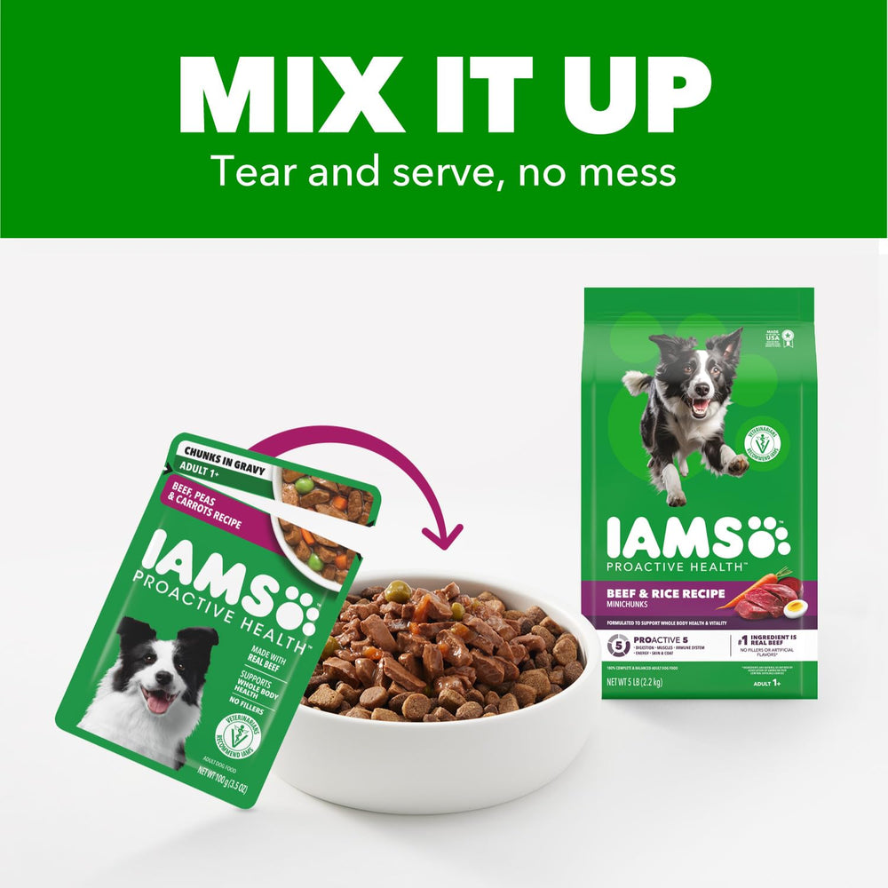 IAMS Proactive Health ready-to-serve pouch beside a dog dish