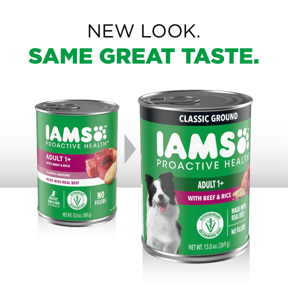 IAMS Proactive Health real beef in gravy enhances flavor that dogs love.