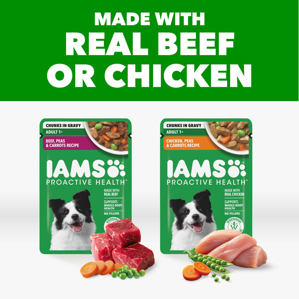Real chicken pieces in IAMS Proactive Health pouch supporting protein needs.