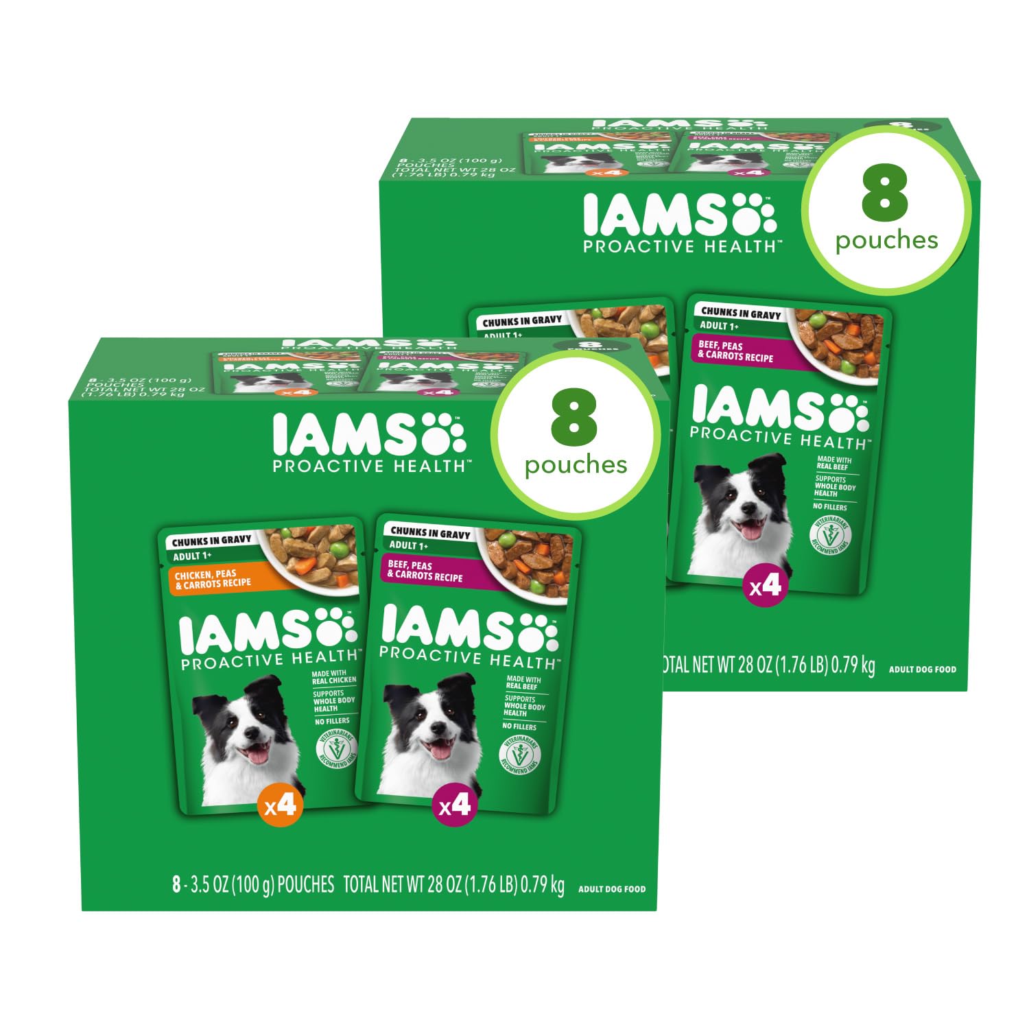IAMS Proactive Health variety-pack pouch on shelf, convenient mealtime option.